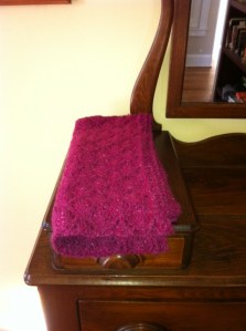 The shawl, demurely displayed on my dresser, all inviting and warm looking. 
