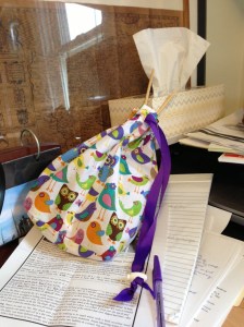 My conference call project bag. It currently holds a simple scarf that I am knitting from some of my hand spun yarn.