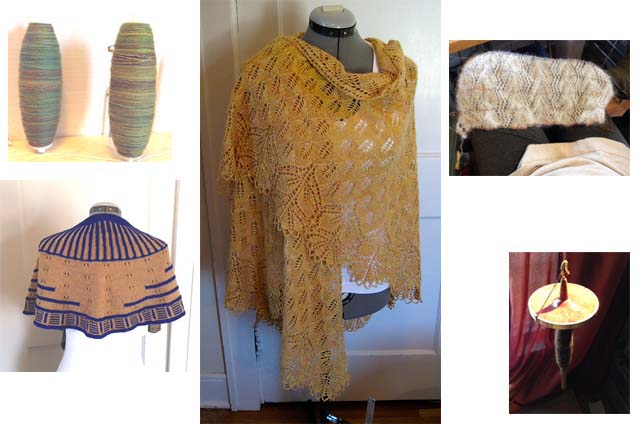 Wedding shawl complete. Back-up wedding shawl started (but never completed). Rockefeller shawl complete. And a little spinning.