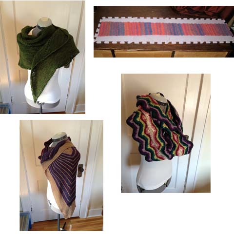 Two shawls, a Shetland lace cowl and a fractal stripe scarf