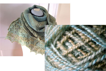 This Ishbel shawl was knitted from a finely spun polawarth/silk blend. 