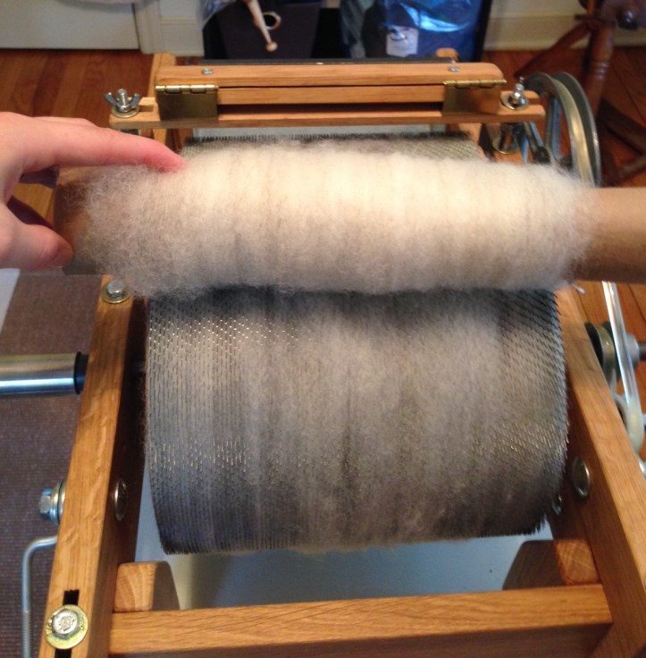 Rolling fiber off the carder using a handy-dandy paper towel tube.